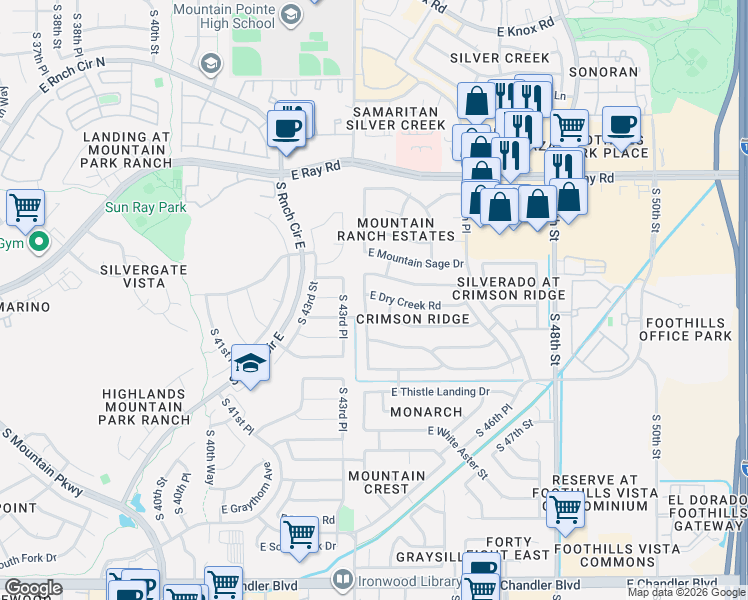 map of restaurants, bars, coffee shops, grocery stores, and more near 14445 South 44th Street in Phoenix