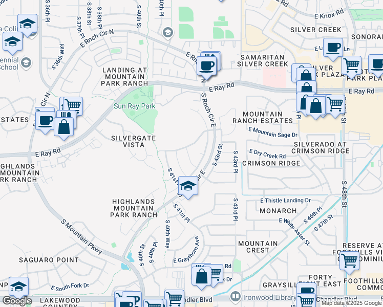 map of restaurants, bars, coffee shops, grocery stores, and more near 14445 South 42nd Street in Phoenix