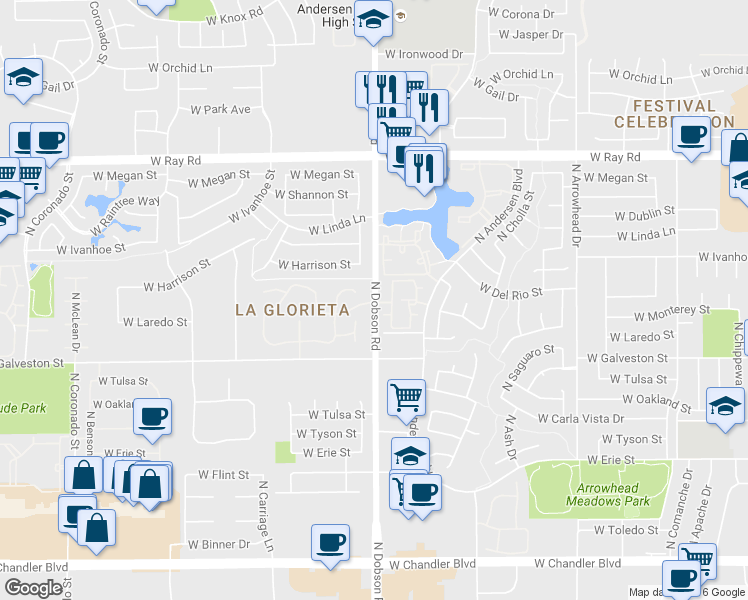 map of restaurants, bars, coffee shops, grocery stores, and more near 725 North Dobson Road in Chandler