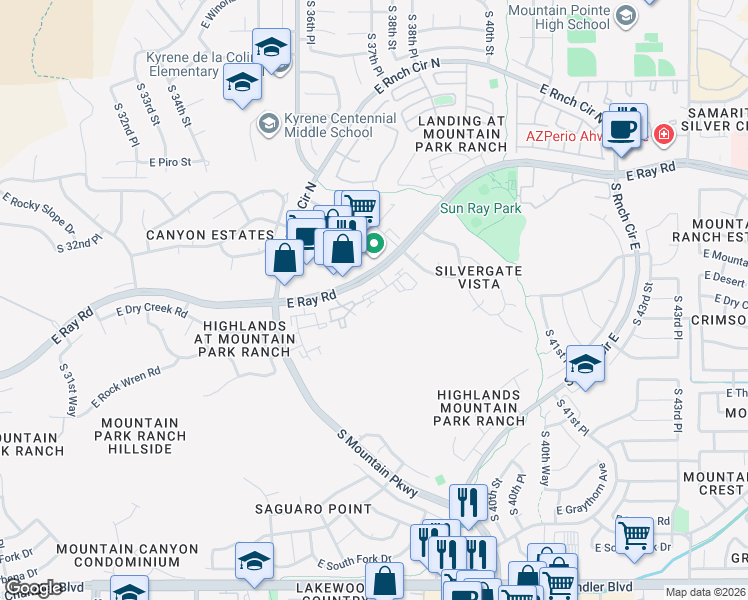 map of restaurants, bars, coffee shops, grocery stores, and more near 3625 East Ray Road in Phoenix