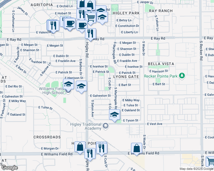 map of restaurants, bars, coffee shops, grocery stores, and more near 1958 South Sunnyvale Avenue in Gilbert