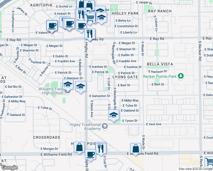 map of restaurants, bars, coffee shops, grocery stores, and more near 1958 South Sunnyvale Avenue in Gilbert