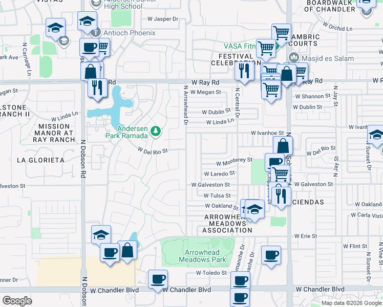 map of restaurants, bars, coffee shops, grocery stores, and more near 695 North Arrowhead Drive in Chandler