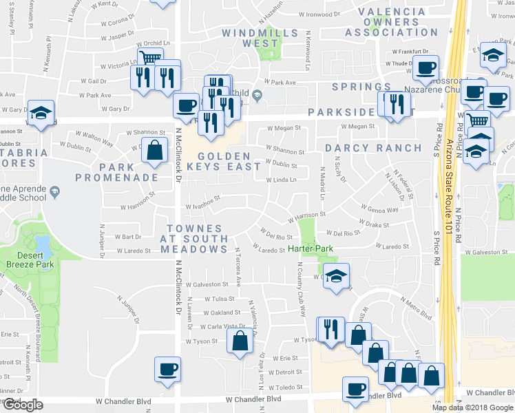 map of restaurants, bars, coffee shops, grocery stores, and more near 3637 West Harrison Street in Chandler