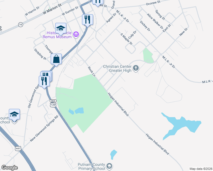 map of restaurants, bars, coffee shops, grocery stores, and more near 211 Sunnyland Drive in Eatonton