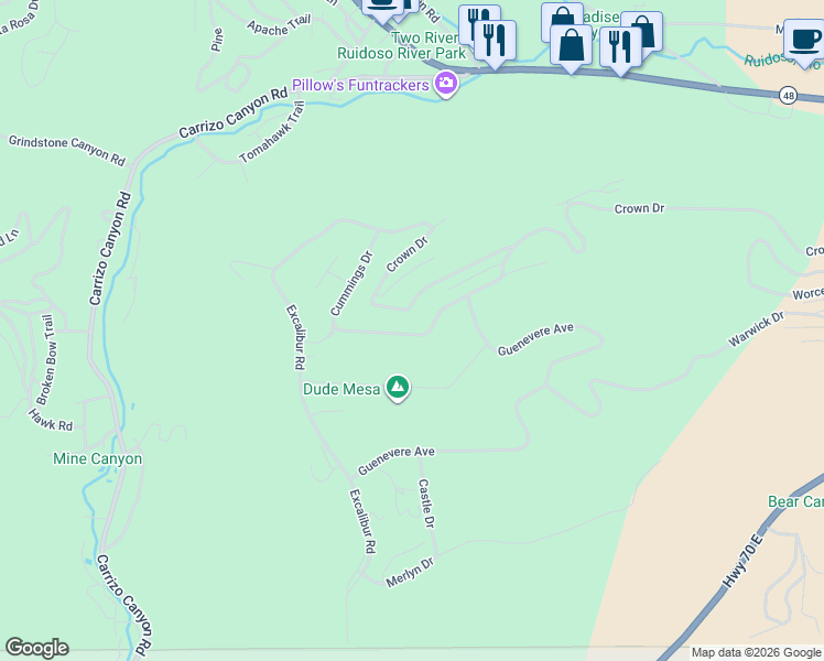 map of restaurants, bars, coffee shops, grocery stores, and more near 223 Cummings Drive in Ruidoso