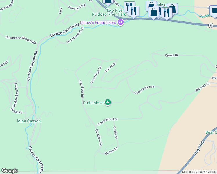 map of restaurants, bars, coffee shops, grocery stores, and more near 223 Cummings Drive in Ruidoso