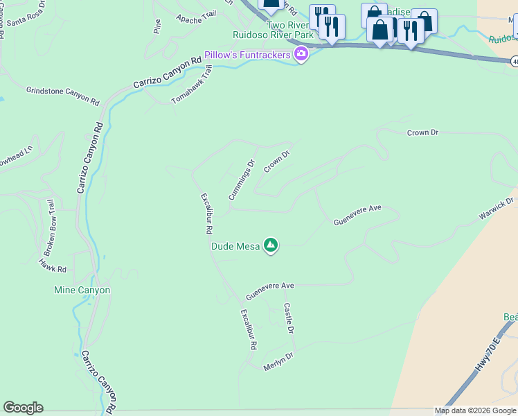 map of restaurants, bars, coffee shops, grocery stores, and more near 223 Cummings Drive in Ruidoso