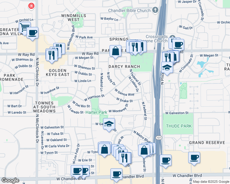 map of restaurants, bars, coffee shops, grocery stores, and more near 3310 West Drake Street in Chandler