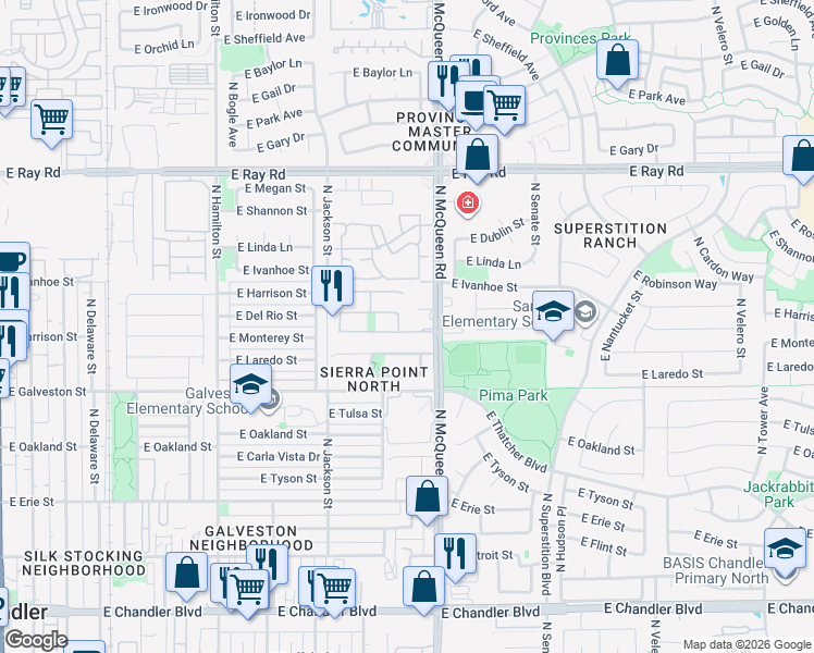 map of restaurants, bars, coffee shops, grocery stores, and more near 970 East Monterey Street in Chandler