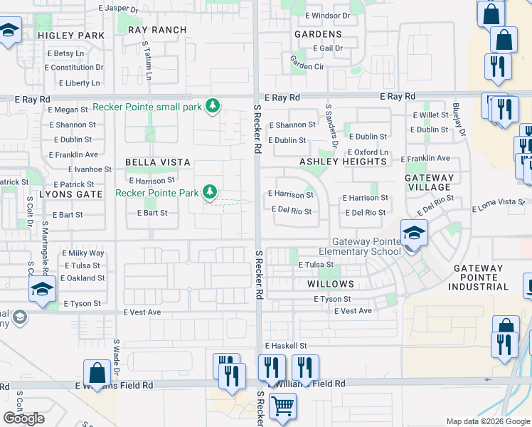 map of restaurants, bars, coffee shops, grocery stores, and more near 1958 South Sabino Drive in Gilbert