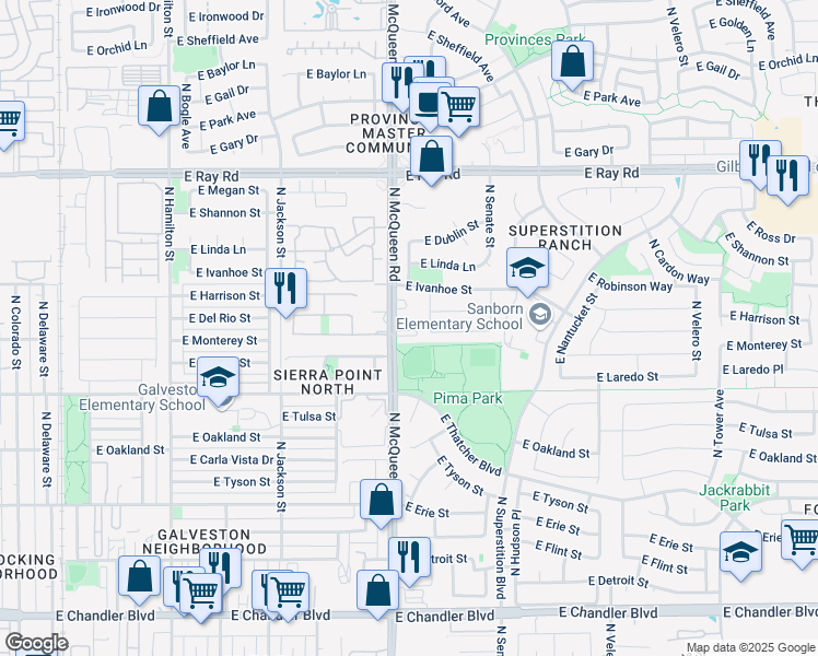 map of restaurants, bars, coffee shops, grocery stores, and more near 701 North McQueen Road in Chandler