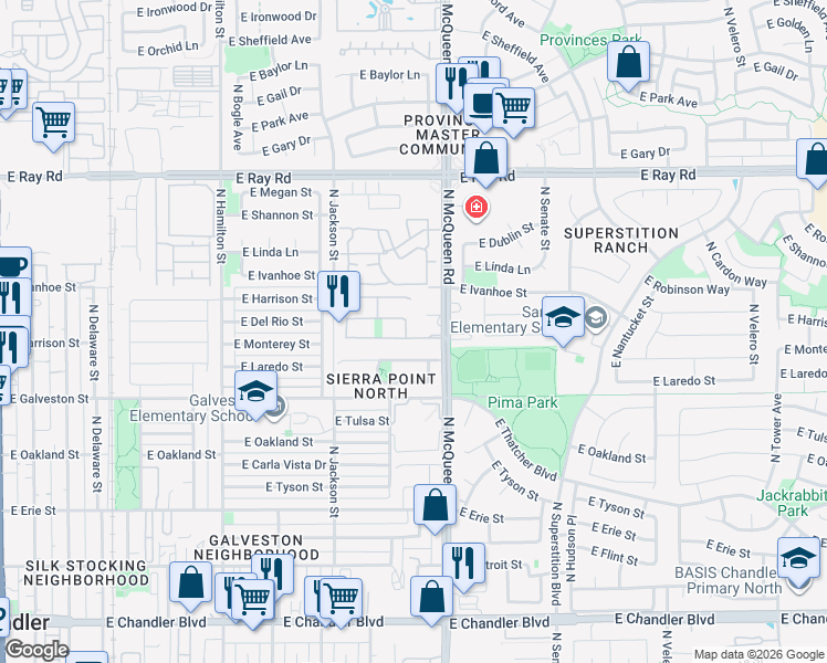 map of restaurants, bars, coffee shops, grocery stores, and more near 970 East Monterey Street in Chandler