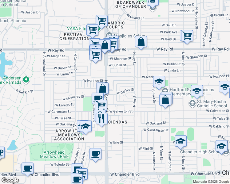 map of restaurants, bars, coffee shops, grocery stores, and more near 660 North Pleasant Drive in Chandler