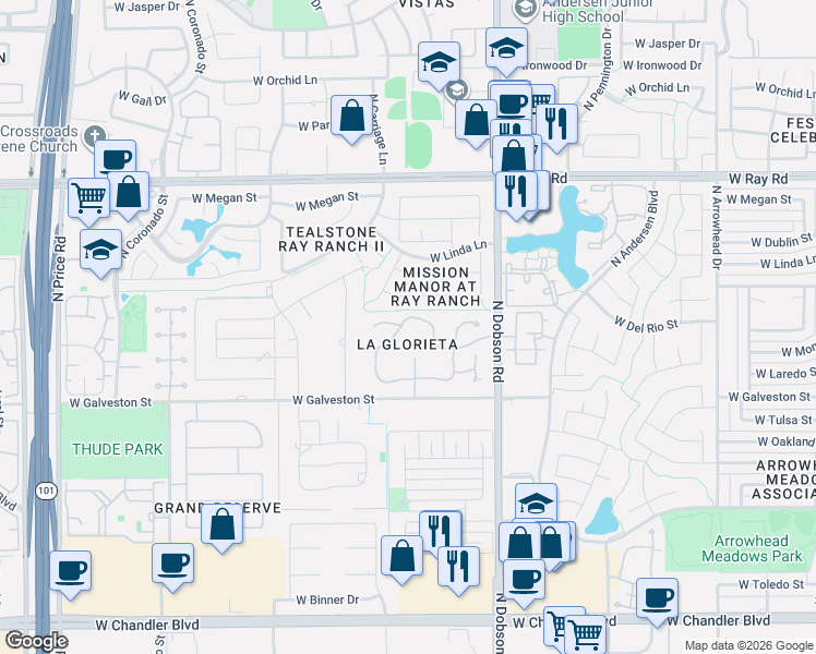 map of restaurants, bars, coffee shops, grocery stores, and more near 700 North Dobson Road in Chandler
