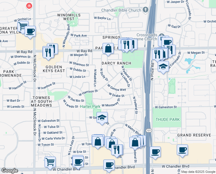 map of restaurants, bars, coffee shops, grocery stores, and more near 3310 West Drake Street in Chandler