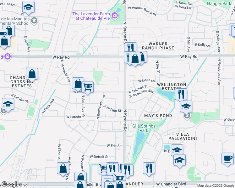 map of restaurants, bars, coffee shops, grocery stores, and more near 739 North Brandon Drive in Chandler