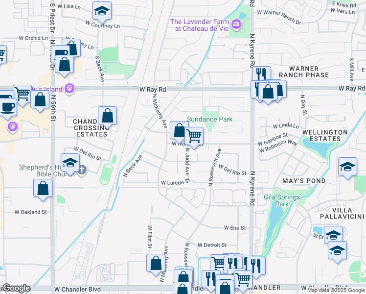 map of restaurants, bars, coffee shops, grocery stores, and more near 6305 West Ivanhoe Street in Chandler