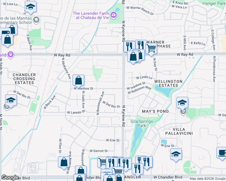map of restaurants, bars, coffee shops, grocery stores, and more near 739 North Brandon Drive in Chandler
