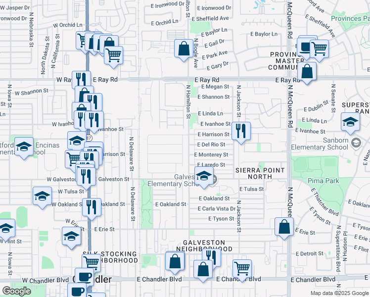 map of restaurants, bars, coffee shops, grocery stores, and more near 741 North Fresno Street in Chandler