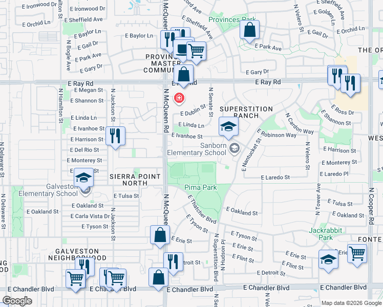 map of restaurants, bars, coffee shops, grocery stores, and more near 1145 East Del Rio Street in Chandler