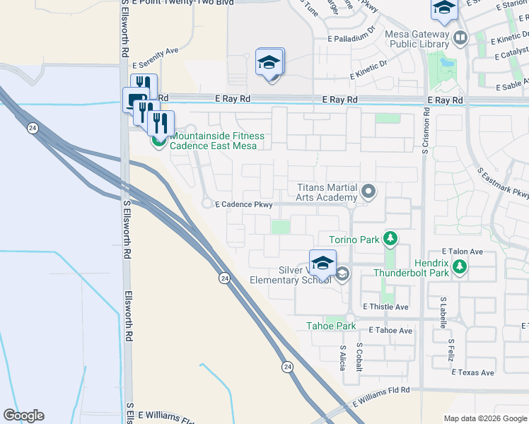 map of restaurants, bars, coffee shops, grocery stores, and more near 5526 South Vincent in Mesa