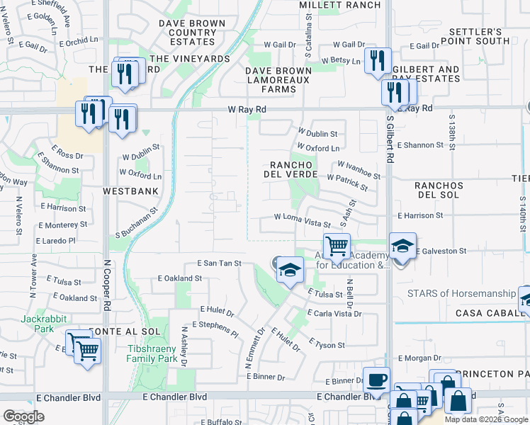 map of restaurants, bars, coffee shops, grocery stores, and more near 1982 South Cholla Street in Gilbert
