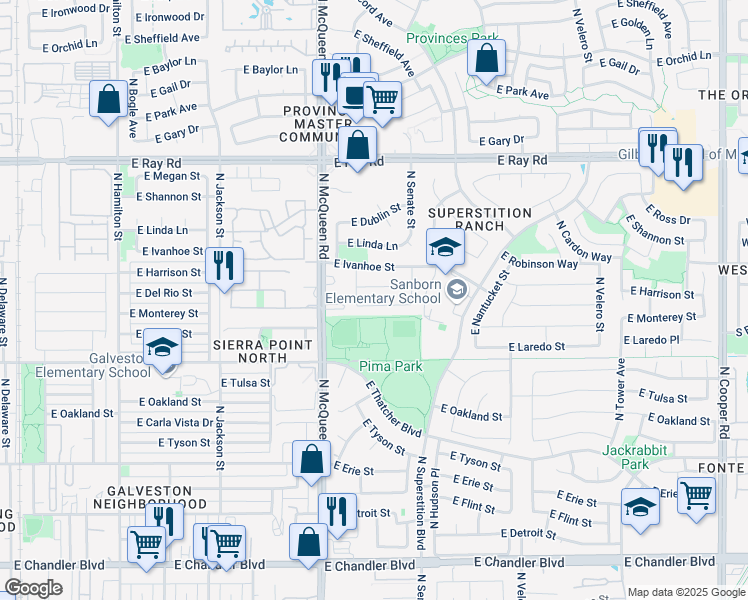 map of restaurants, bars, coffee shops, grocery stores, and more near 1145 East Del Rio Street in Chandler