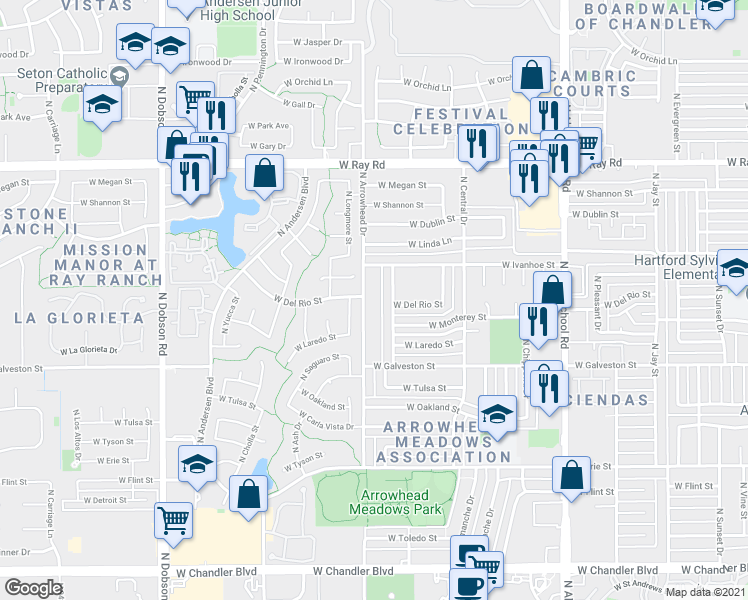 map of restaurants, bars, coffee shops, grocery stores, and more near 695 North Arrowhead Drive in Chandler