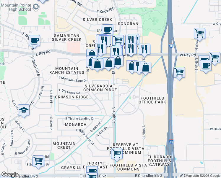 map of restaurants, bars, coffee shops, grocery stores, and more near 14431 South 47th Place in Phoenix