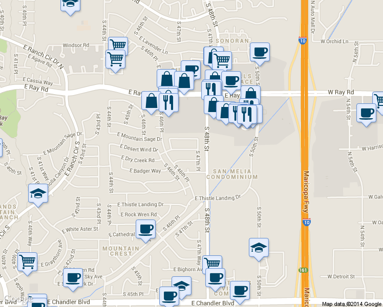 map of restaurants, bars, coffee shops, grocery stores, and more near 14431 South 47th Place in Phoenix