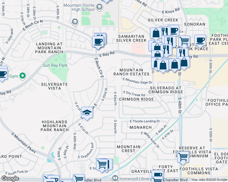 map of restaurants, bars, coffee shops, grocery stores, and more near 4346 East Badger Way in Phoenix