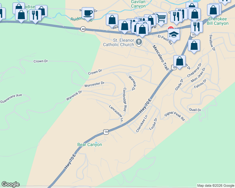 map of restaurants, bars, coffee shops, grocery stores, and more near Warwick Drive in Ruidoso