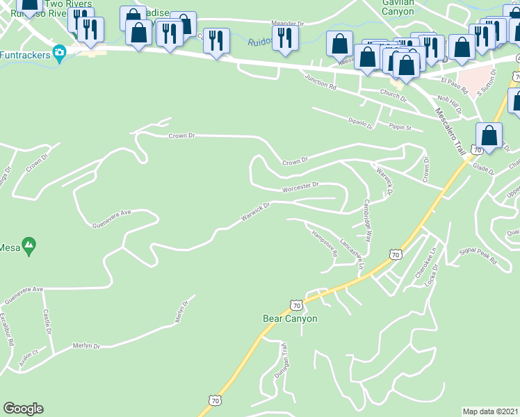map of restaurants, bars, coffee shops, grocery stores, and more near Warwick Drive in Ruidoso