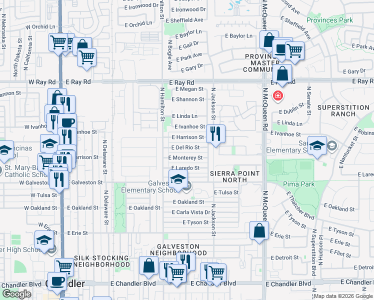 map of restaurants, bars, coffee shops, grocery stores, and more near 687 East Del Rio Street in Chandler