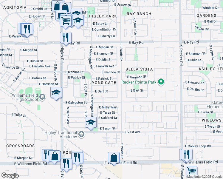 map of restaurants, bars, coffee shops, grocery stores, and more near 3532 East Bart Street in Gilbert