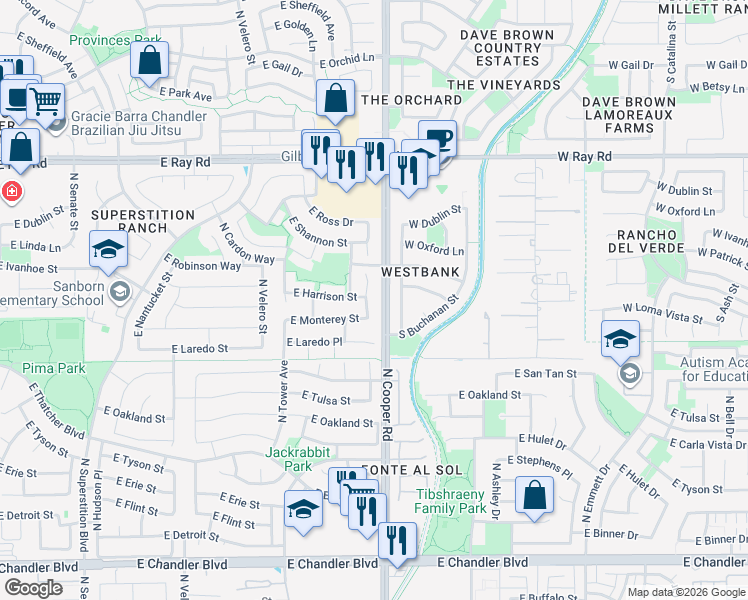 map of restaurants, bars, coffee shops, grocery stores, and more near 771 North Soho Place in Chandler