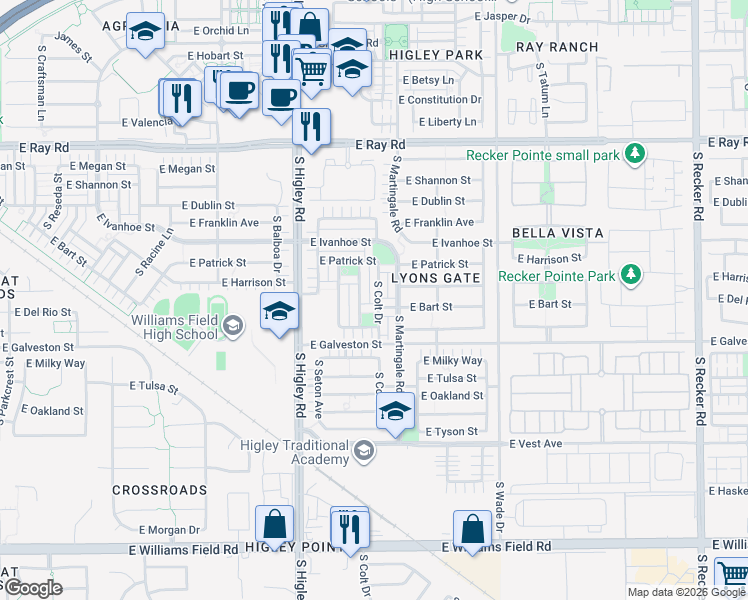 map of restaurants, bars, coffee shops, grocery stores, and more near 1912 South Colt Drive in Gilbert