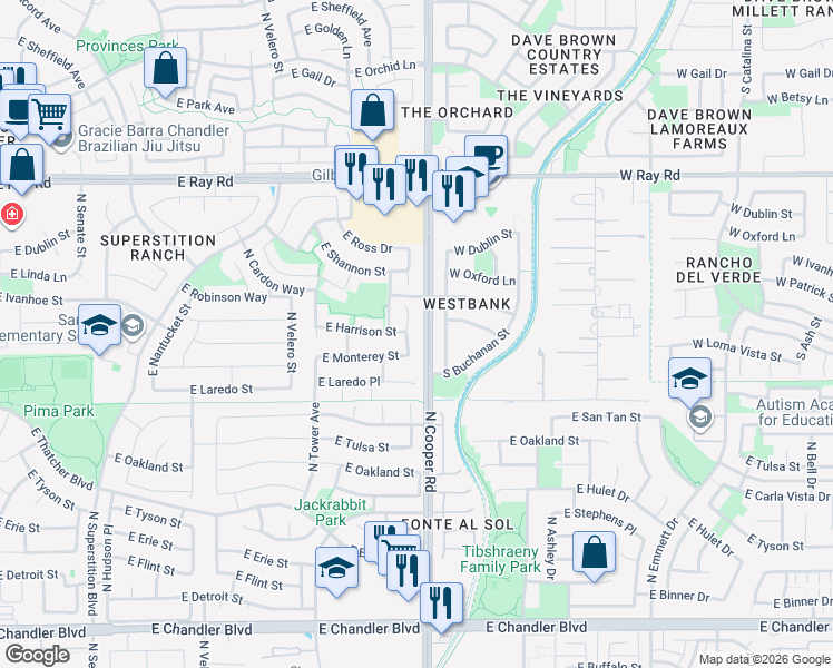 map of restaurants, bars, coffee shops, grocery stores, and more near 771 North Soho Place in Chandler