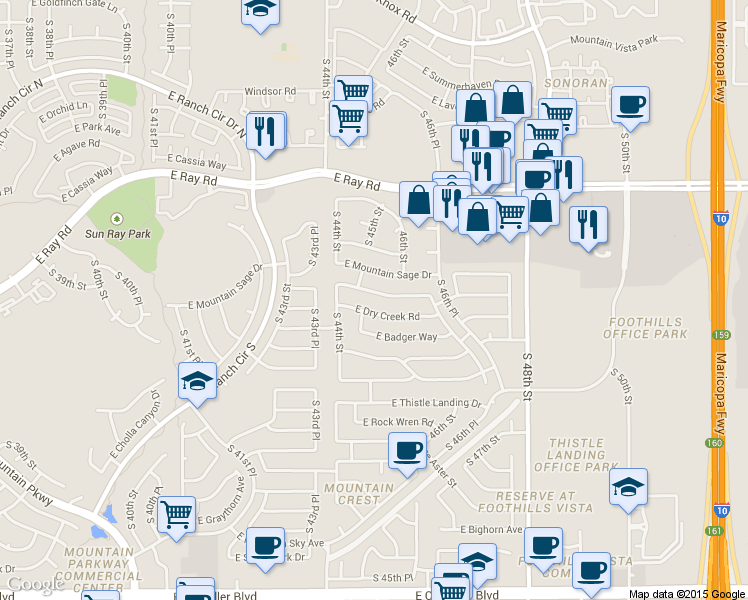 map of restaurants, bars, coffee shops, grocery stores, and more near 4501 East Mountain Sage Drive in Phoenix