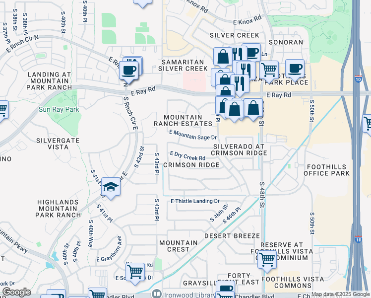 map of restaurants, bars, coffee shops, grocery stores, and more near 4501 East Mountain Sage Drive in Phoenix