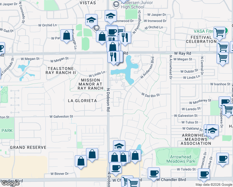 map of restaurants, bars, coffee shops, grocery stores, and more near 725 North Dobson Road in Chandler
