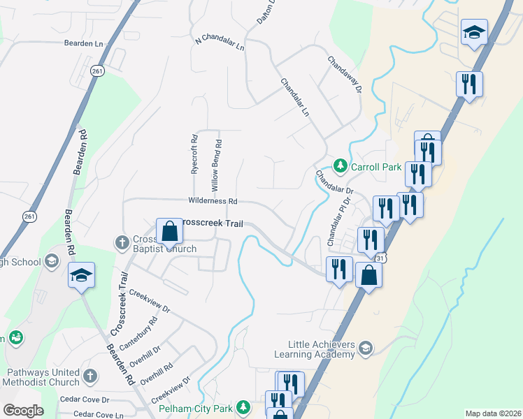 map of restaurants, bars, coffee shops, grocery stores, and more near 425 Wilderness Road in Pelham