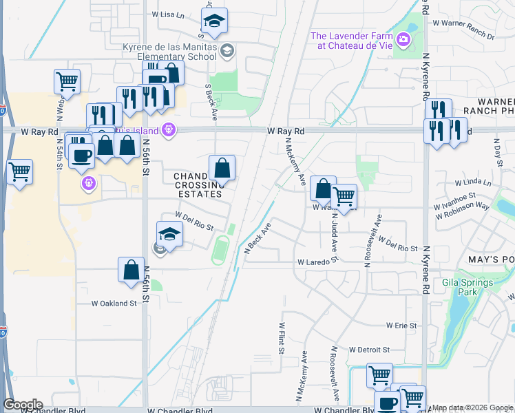 map of restaurants, bars, coffee shops, grocery stores, and more near 6551 West Linda Court in Chandler