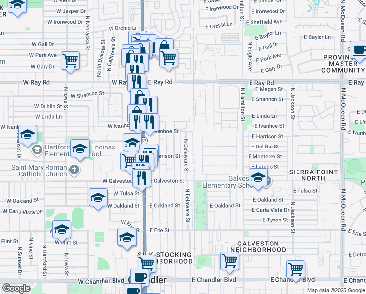 map of restaurants, bars, coffee shops, grocery stores, and more near 761 North Colorado Street in Chandler