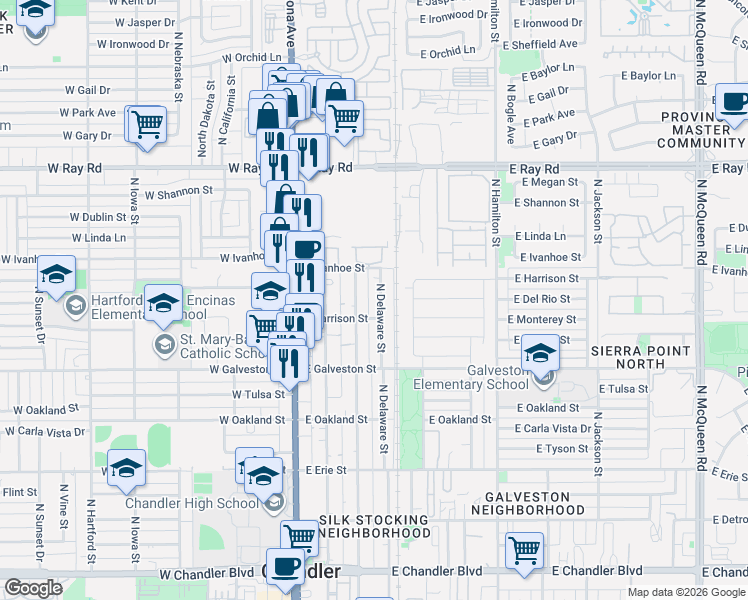 map of restaurants, bars, coffee shops, grocery stores, and more near 761 North Colorado Street in Chandler
