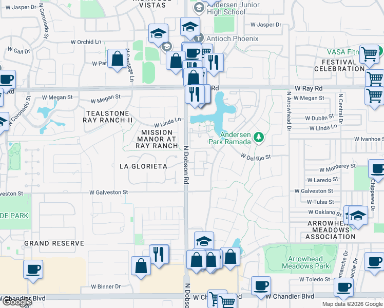 map of restaurants, bars, coffee shops, grocery stores, and more near 855 North Dobson Road in Chandler
