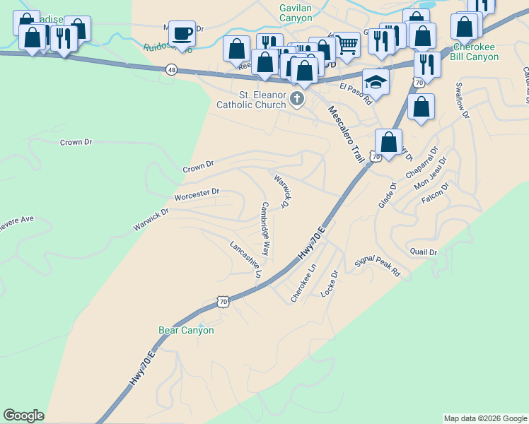 map of restaurants, bars, coffee shops, grocery stores, and more near 143 Cambridge Way in Ruidoso