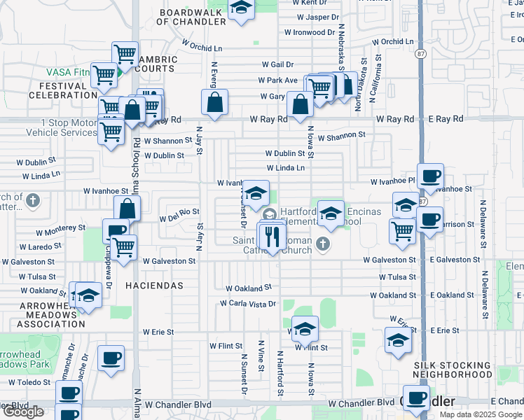map of restaurants, bars, coffee shops, grocery stores, and more near 700 North Hartford Street in Chandler
