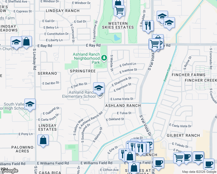 map of restaurants, bars, coffee shops, grocery stores, and more near 1342 East Shamrock Street in Gilbert
